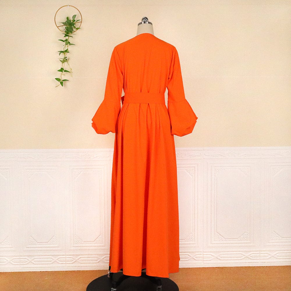 Autumn  Sexy V Neck Puff Sleeves Button Sashes Ladies Casual Dresses