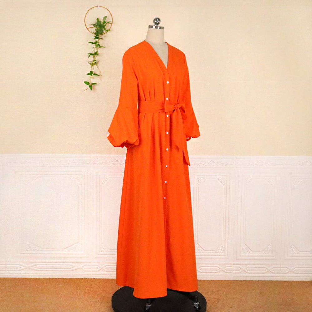 Autumn  Sexy V Neck Puff Sleeves Button Sashes Ladies Casual Dresses