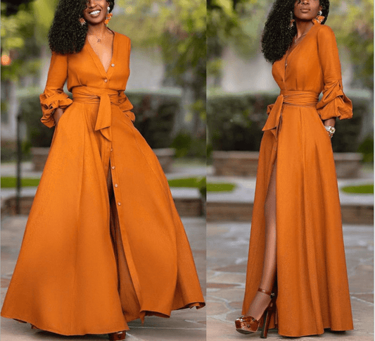 Autumn  Sexy V Neck Puff Sleeves Button Sashes Ladies Casual Dresses