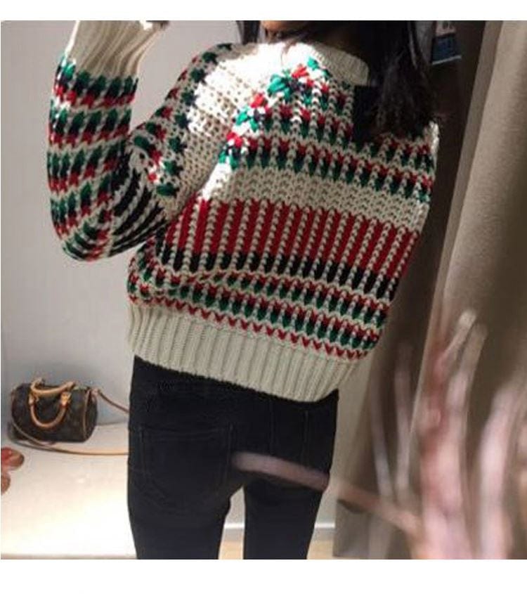 Autumn Spring Crew Neck Stylish Striped Women Winter Plaid Short Pullover Sweaters Ladies Jumpers