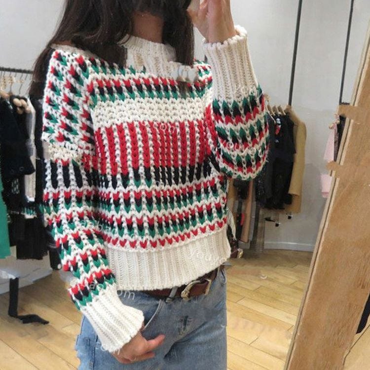Autumn Spring Crew Neck Stylish Striped Women Winter Plaid Short Pullover Sweaters Ladies Jumpers
