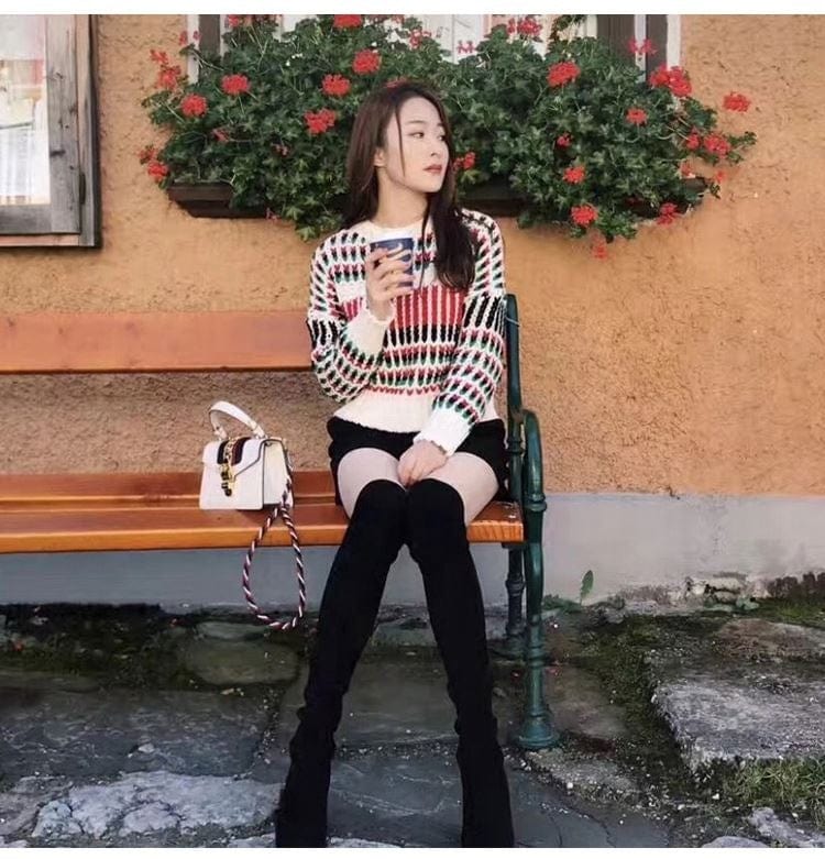 Autumn Spring Crew Neck Stylish Striped Women Winter Plaid Short Pullover Sweaters Ladies Jumpers