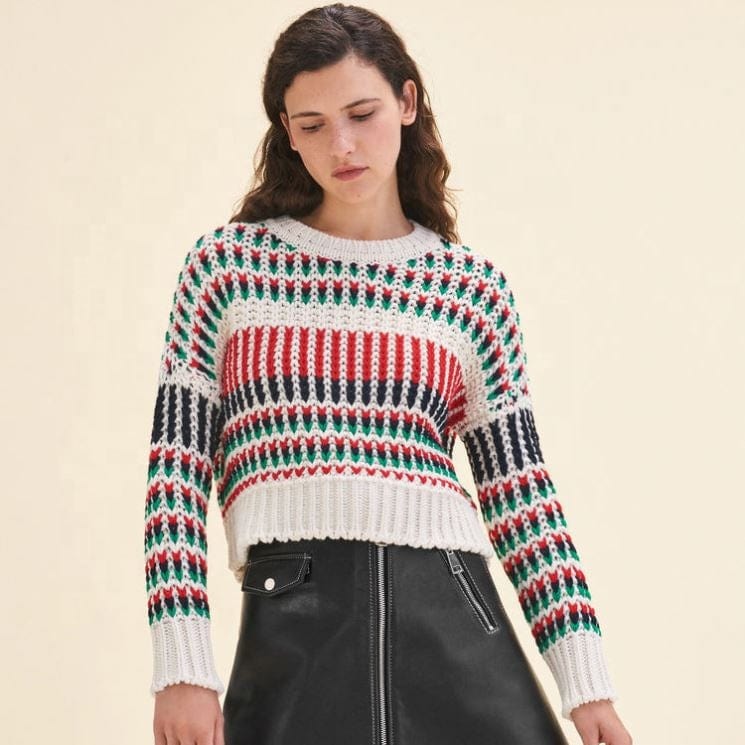Autumn Spring Crew Neck Stylish Striped Women Winter Plaid Short Pullover Sweaters Ladies Jumpers