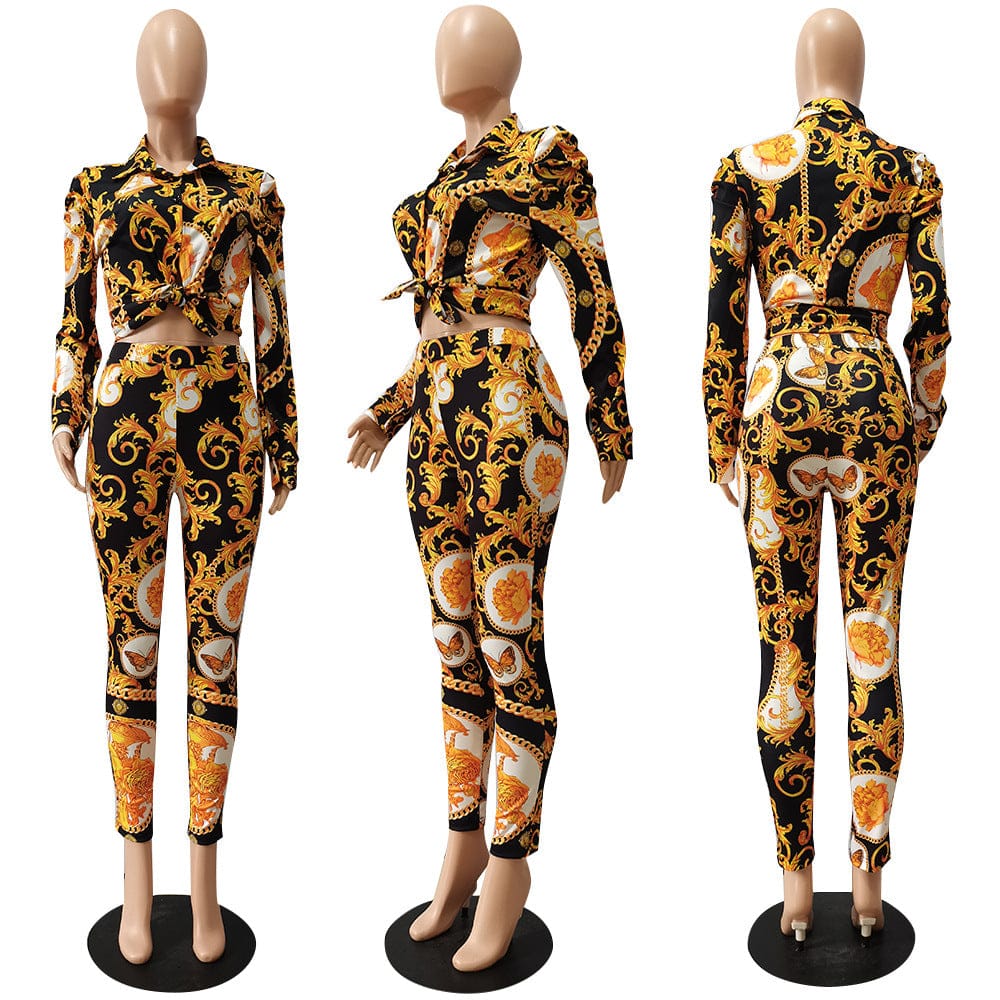 Autumn Spring Printed 2 Piece Set For Women Long Pants 2 PC Set Lady Casual Two Piece Pants Set