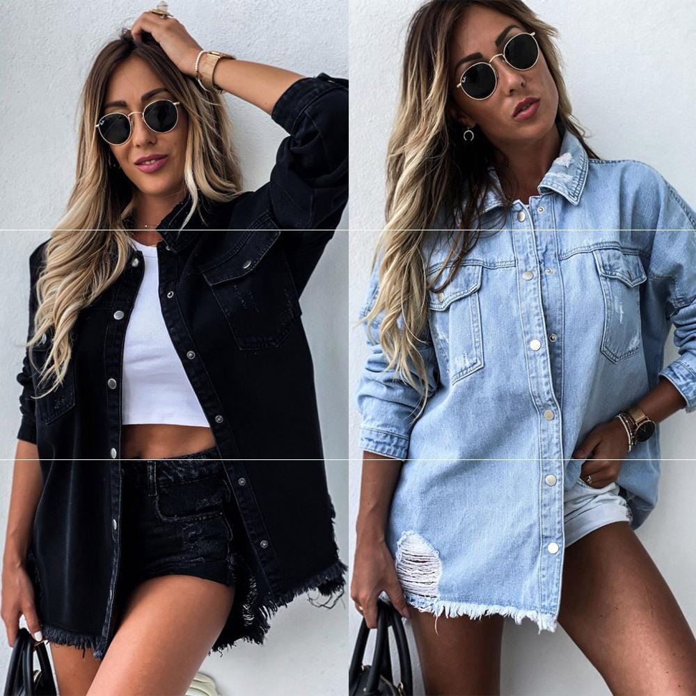 Autumn/Spring Ripped Loose Denim Long-sleeved Loose Washed Denim Women Casual Jacket