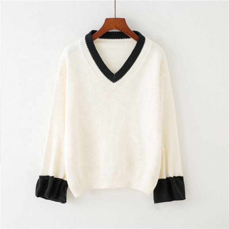 Autumn Spring V Neck Trumpet Bell Flare Sleeves Korean Style Fashion Knit Women Loose Sweater Pullover Ladies Winter Jumper