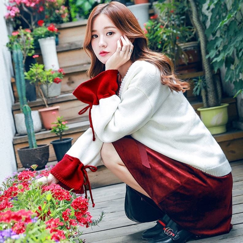 Autumn Spring V Neck Trumpet Bell Flare Sleeves Korean Style Fashion Knit Women Loose Sweater Pullover Ladies Winter Jumper