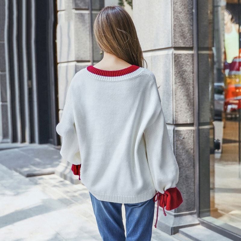 Autumn Spring V Neck Trumpet Bell Flare Sleeves Korean Style Fashion Knit Women Loose Sweater Pullover Ladies Winter Jumper