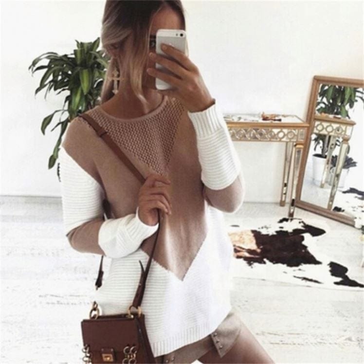 Autumn Spring Winter Fashion Crew Neck Long Sleeve Patchwork Women Casual Sweater