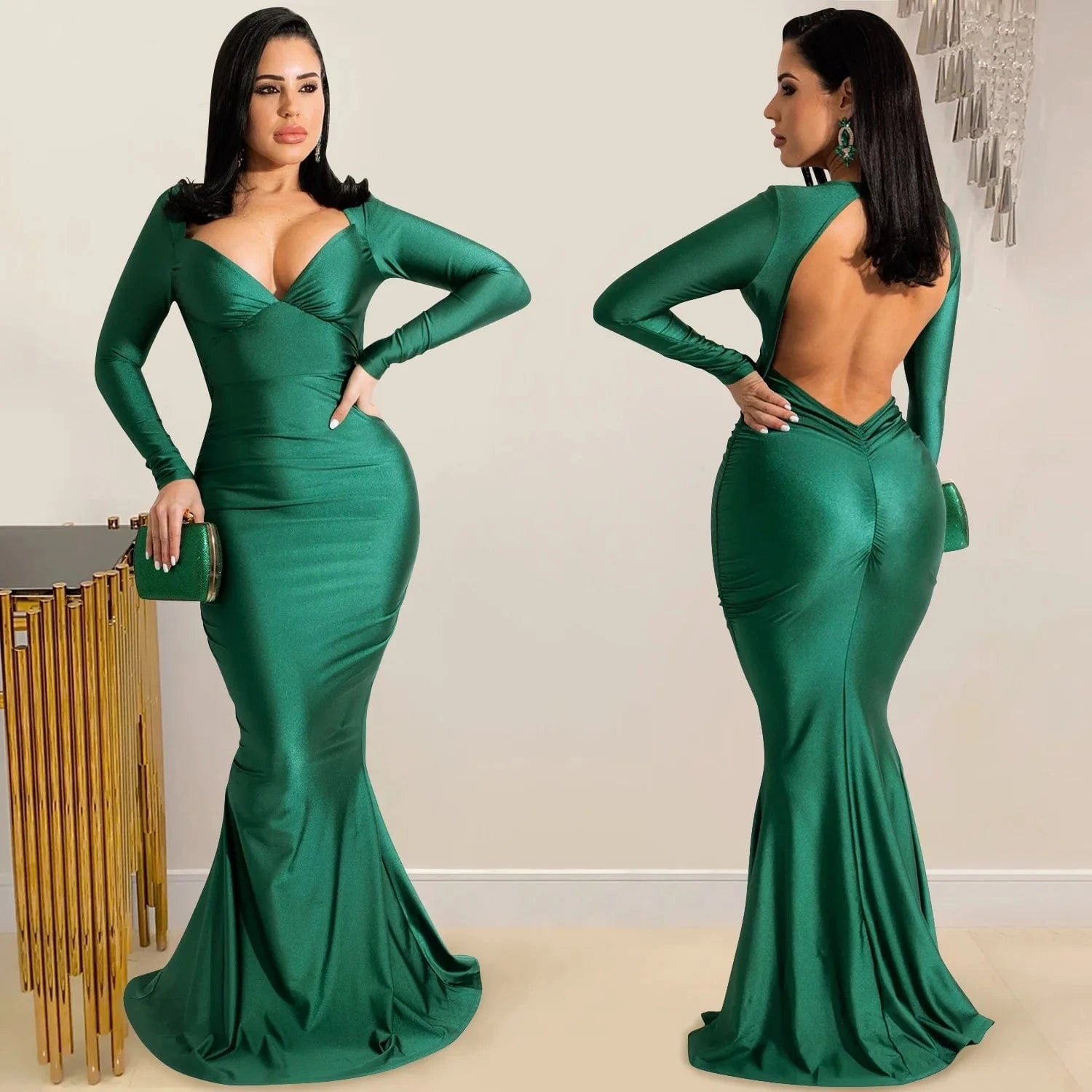 Autumn Spring Women Off Shoulder Backless V-neck Mermaid Floor-Length Dress Sexy Night Party Club Elegant Dresses 2022