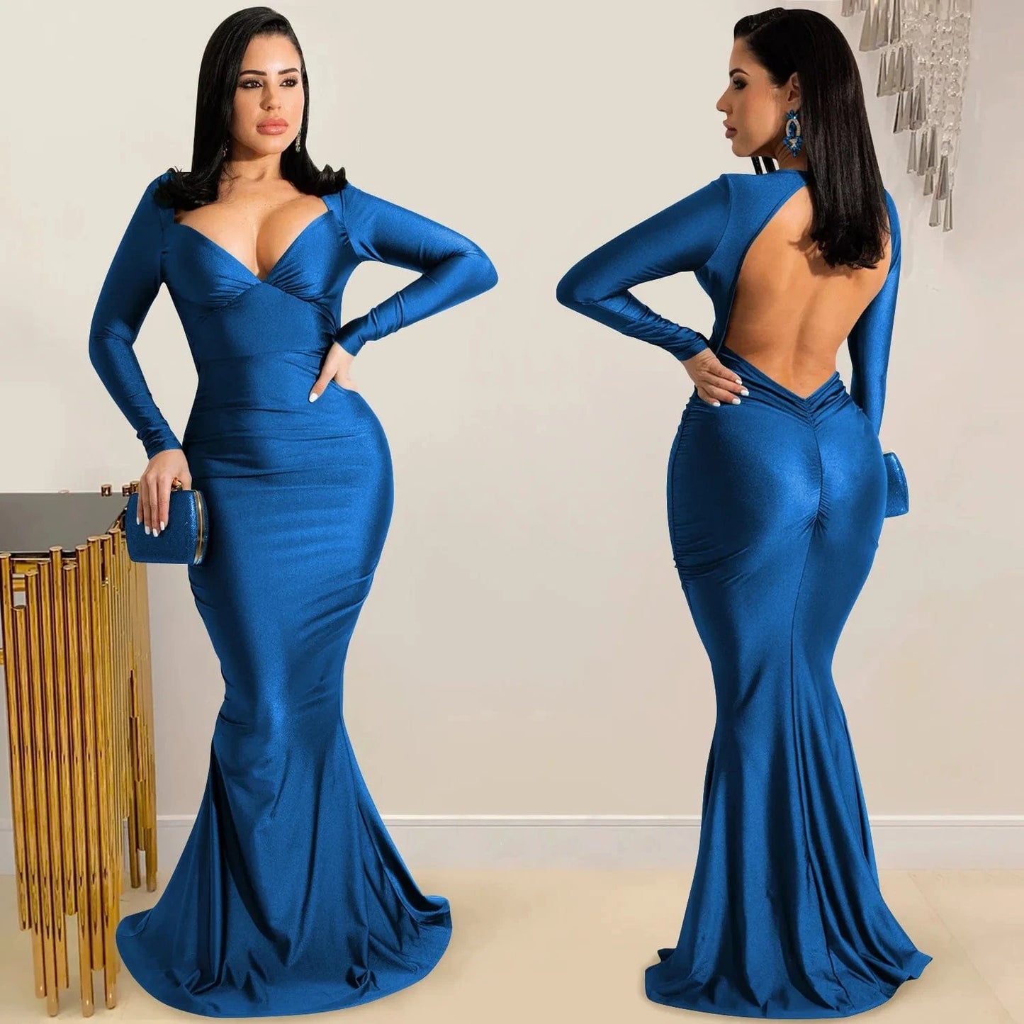 Autumn Spring Women Off Shoulder Backless V-neck Mermaid Floor-Length Dress Sexy Night Party Club Elegant Dresses 2022