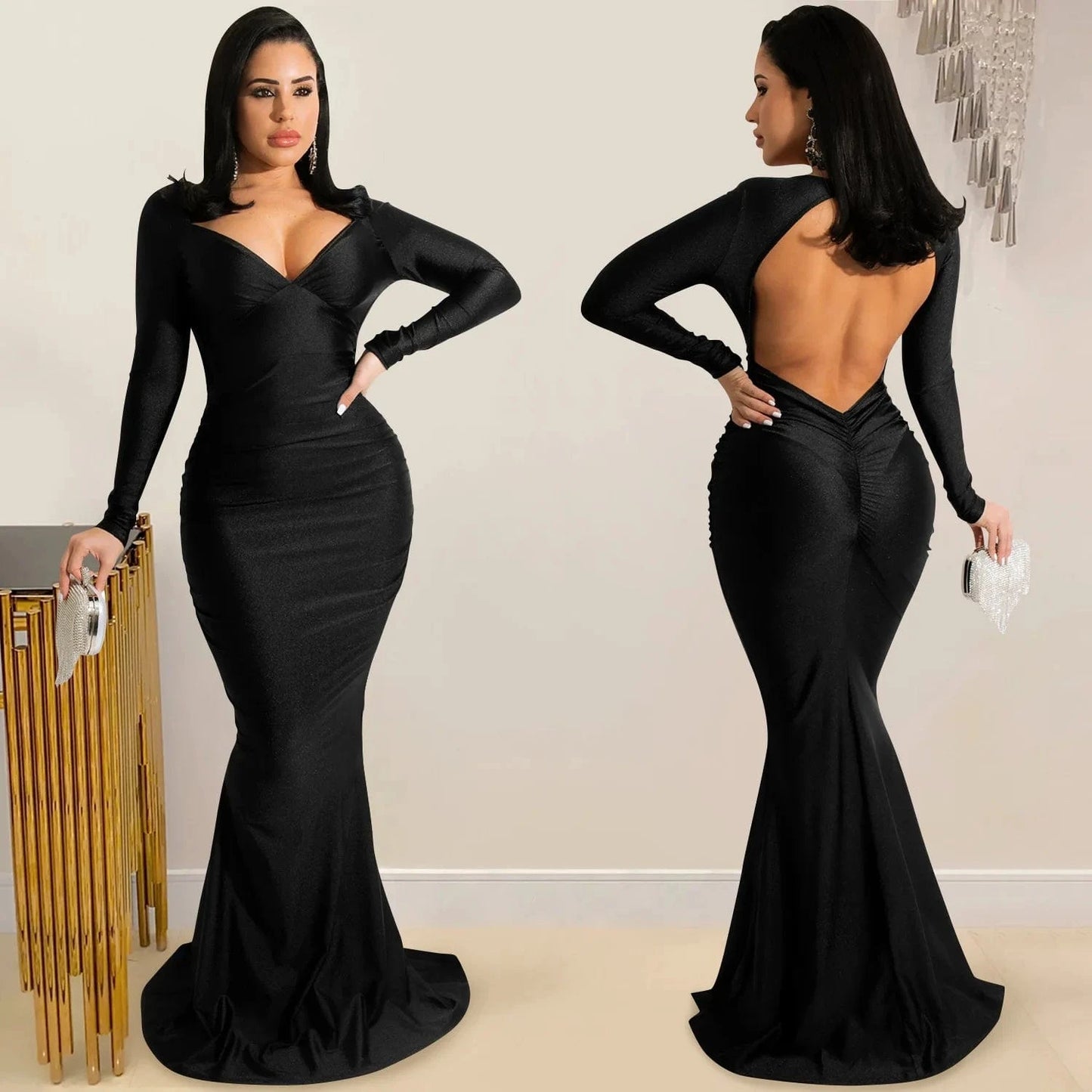 Autumn Spring Women Off Shoulder Backless V-neck Mermaid Floor-Length Dress Sexy Night Party Club Elegant Dresses 2022