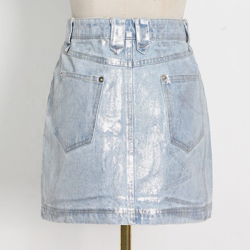 Autumn streetwear silver printed y2k A line ladies jean skirts fashion sexy tight mini denim womens skirts