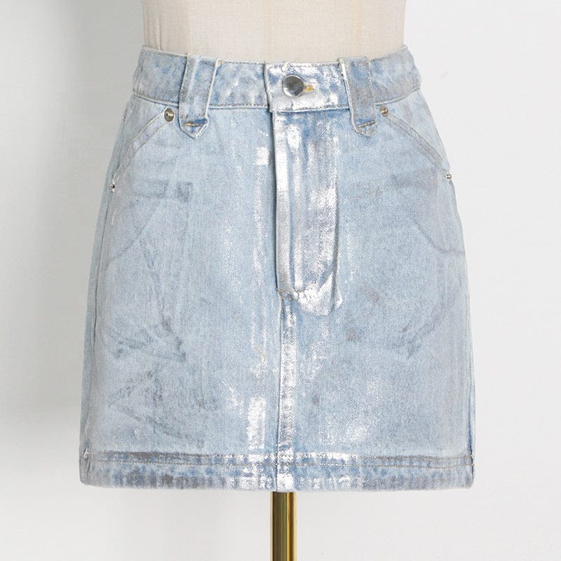 Autumn streetwear silver printed y2k A line ladies jean skirts fashion sexy tight mini denim womens skirts