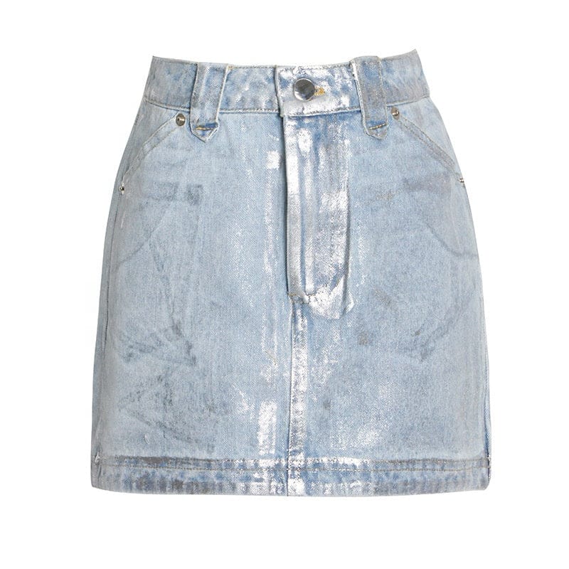 Autumn streetwear silver printed y2k A line ladies jean skirts fashion sexy tight mini denim womens skirts