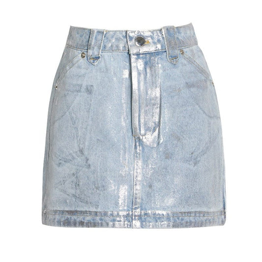 Autumn streetwear silver printed y2k A line ladies jean skirts fashion sexy tight mini denim womens skirts