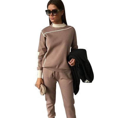 Autumn Turtleneck Woman Tracksuits Sweater And Slim Pants Knitted Suits Stripe Two Piece Set For Ladies