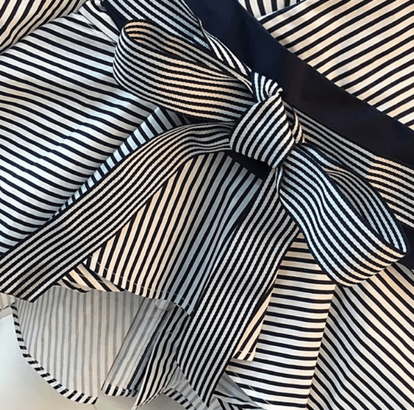 Autumn V Neck Puff Sleeves Print Striped Sashes Lady Two Pieces Sets