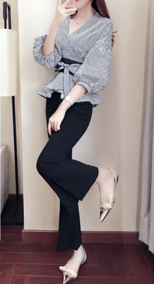 Autumn V Neck Puff Sleeves Print Striped Sashes Lady Two Pieces Sets