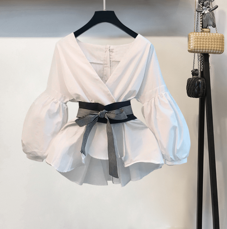 Autumn V Neck Puff Sleeves Print Striped Sashes Lady Two Pieces Sets