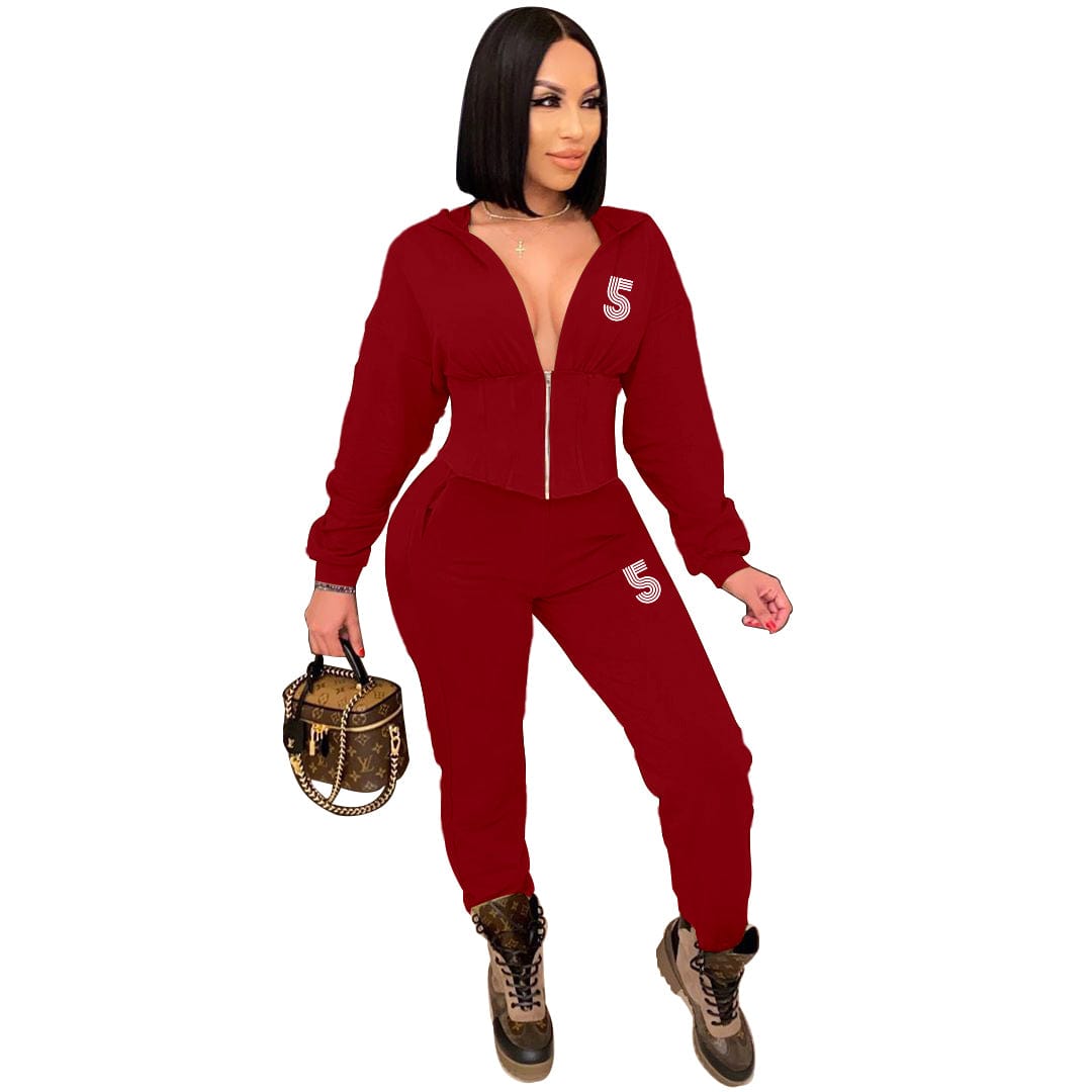 Autumn Winter Fashion Printed Tracksuit 2 Piece Set Winter Zip Up Corset Hoodie Pants Two Piece Outfits