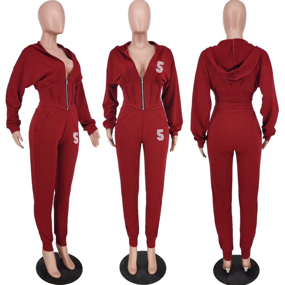 Autumn Winter Fashion Printed Tracksuit 2 Piece Set Winter Zip Up Corset Hoodie Pants Two Piece Outfits