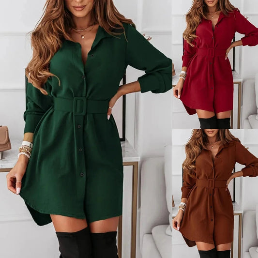Autumn Winter Fashion Slim Green Dress Woman Casual Turn-down Collar Single Breasted Belted Mini Dresses For Women vestidos