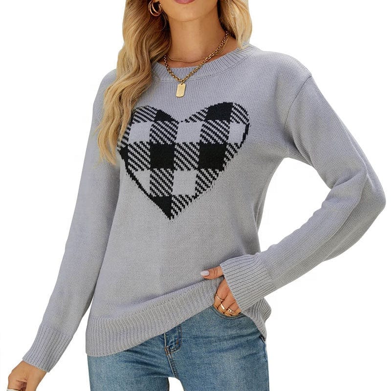 Autumn Winter New Women's Loose Sweater Round Neck Fashion Pullover Plaid Love Women