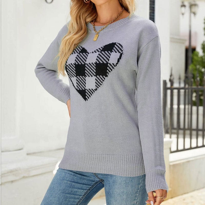 Autumn Winter New Women's Loose Sweater Round Neck Fashion Pullover Plaid Love Women