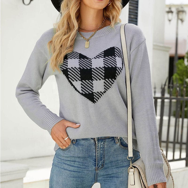 Autumn Winter New Women's Loose Sweater Round Neck Fashion Pullover Plaid Love Women