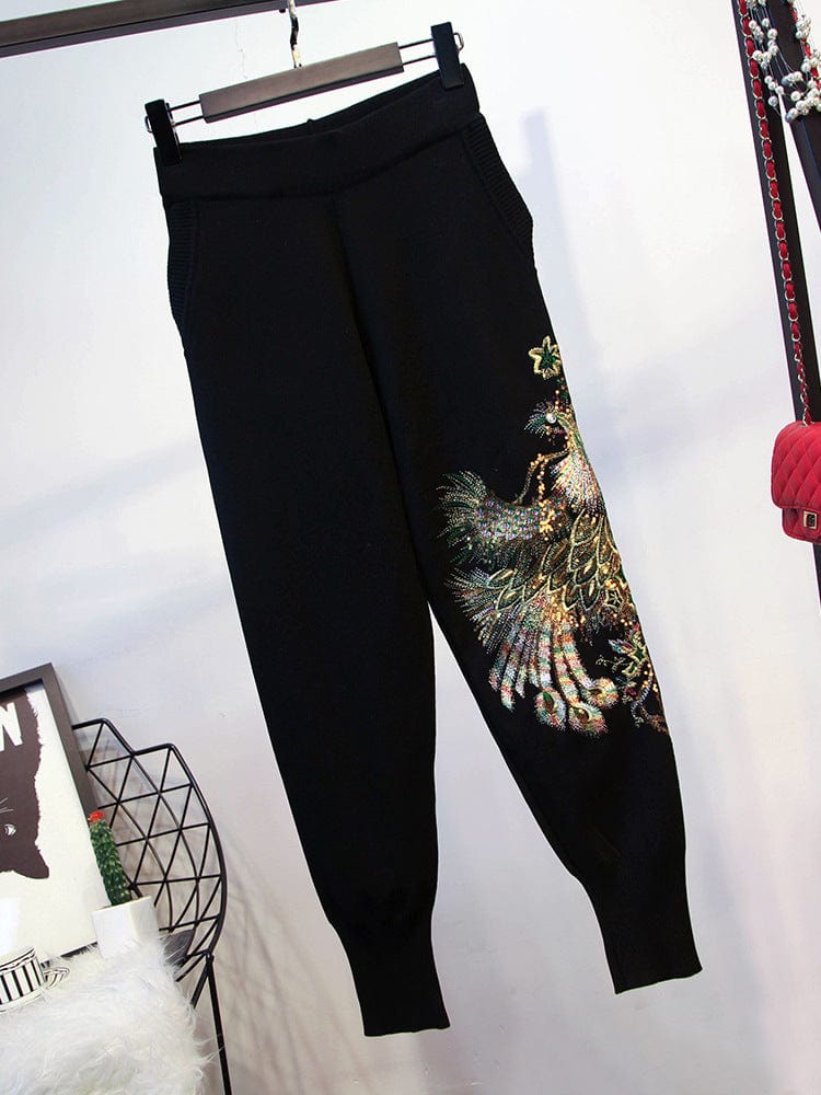 Autumn Winter New Women's Sequin Bead Phoenix Long Sleeve Loose Knitted Shirt Pants Suit two piece set