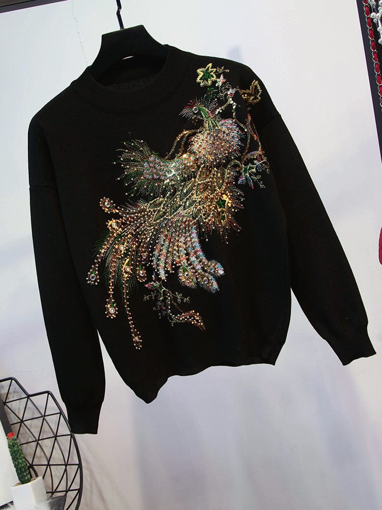 Autumn Winter New Women's Sequin Bead Phoenix Long Sleeve Loose Knitted Shirt Pants Suit two piece set