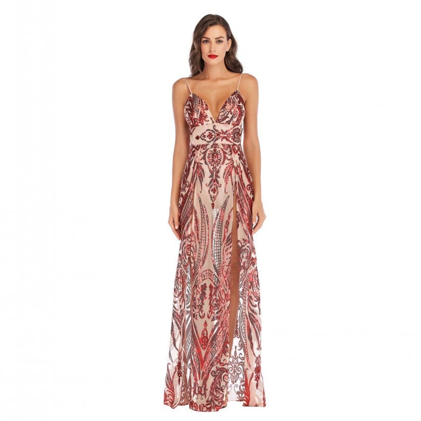 autumn winter party maxi dress sling evening deep v-neck backless sequin sexy elegant strap dresses vestidos Y10349