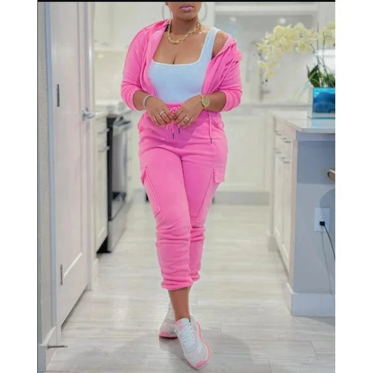 Autumn Winter Two Piece Set Women Solid Long Sleeve Zipper Hoodie Sweatshirt Jacket and Slim Cargo Pants Casual Women Tracksuit