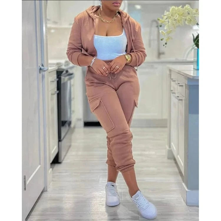 Autumn Winter Two Piece Set Women Solid Long Sleeve Zipper Hoodie Sweatshirt Jacket and Slim Cargo Pants Casual Women Tracksuit