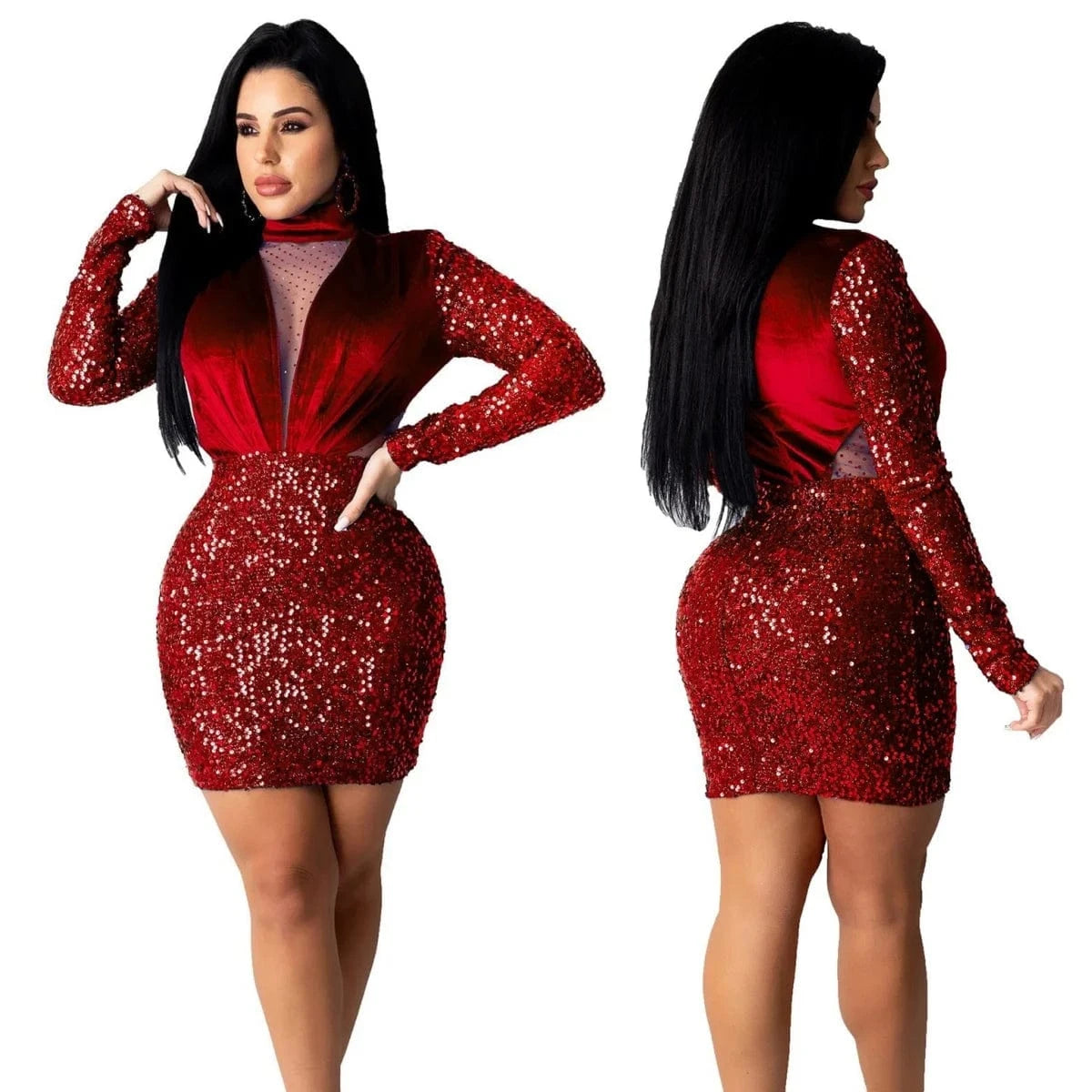 Autumn Winter Velvet Sequined Dress Women Long Sleeve Mesh Sheer Mini Dress Sparkly Night Club Women Elegant Evening Dress