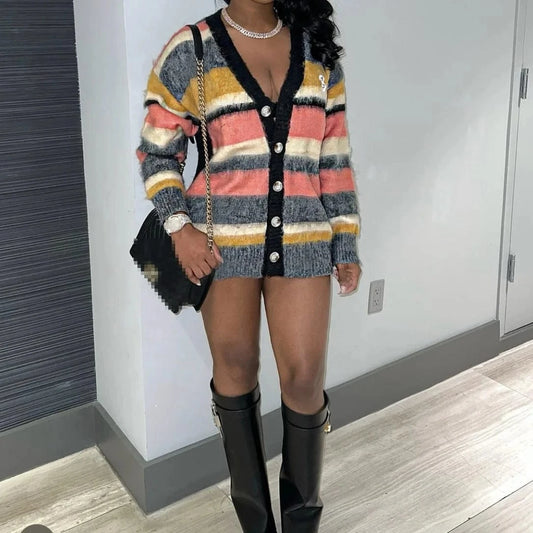 Autumn Winter Vintage Women Loose V Neck Cardigan Color Block Striped Long Sleeve Knitted Wool Sweater