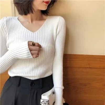 Autumn Winter Women's Long Sleeve V-neck Sweater Korean Version Slim-fit V-neck Pullover Sweater