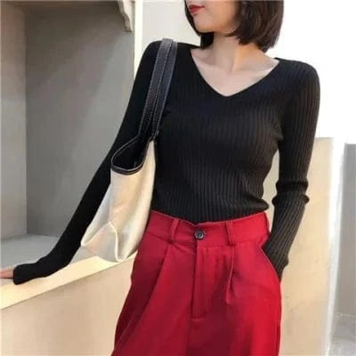 Autumn Winter Women's Long Sleeve V-neck Sweater Korean Version Slim-fit V-neck Pullover Sweater
