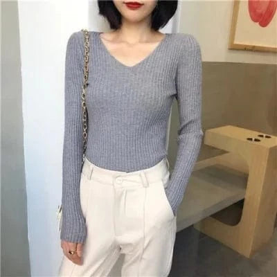 Autumn Winter Women's Long Sleeve V-neck Sweater Korean Version Slim-fit V-neck Pullover Sweater