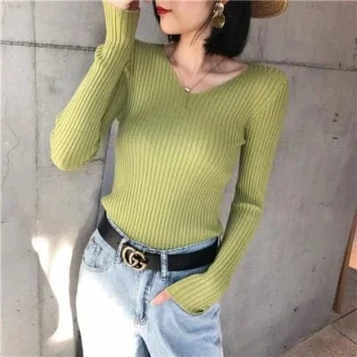 Autumn Winter Women's Long Sleeve V-neck Sweater Korean Version Slim-fit V-neck Pullover Sweater