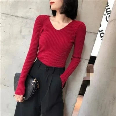 Autumn Winter Women's Long Sleeve V-neck Sweater Korean Version Slim-fit V-neck Pullover Sweater