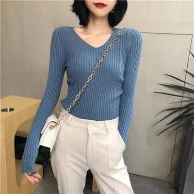 Autumn Winter Women's Long Sleeve V-neck Sweater Korean Version Slim-fit V-neck Pullover Sweater