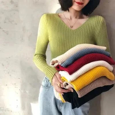 Autumn Winter Women's Long Sleeve V-neck Sweater Korean Version Slim-fit V-neck Pullover Sweater