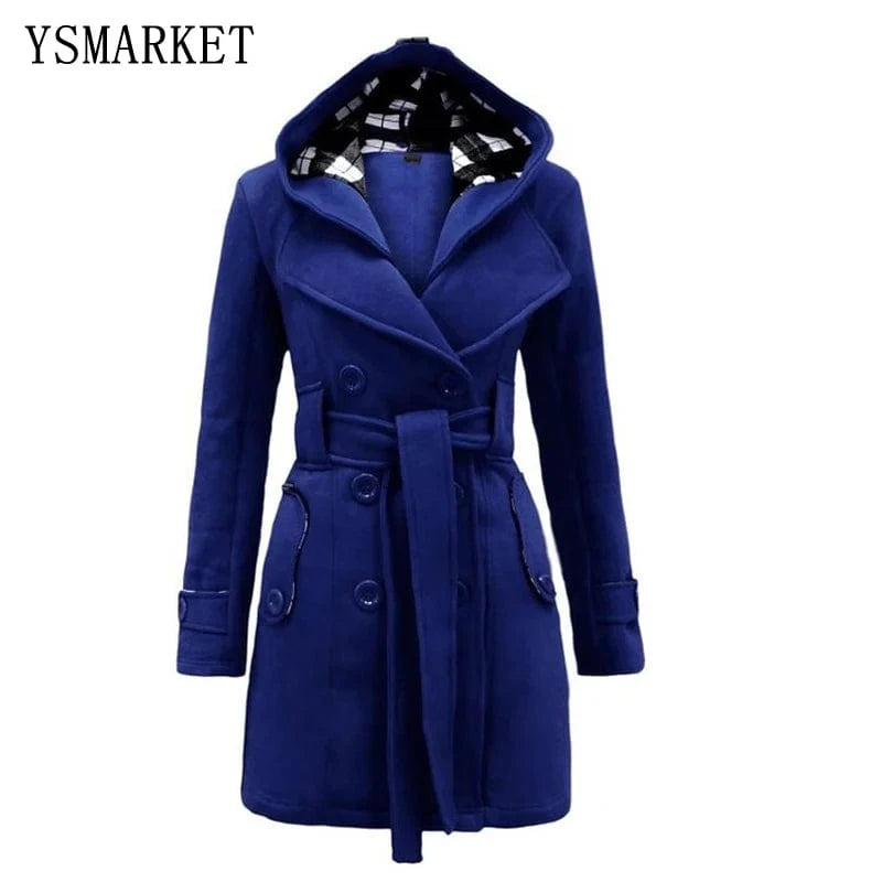 Autumn Winter Woollen Long Sleeve Double Breasted Long Coat Women Plaid Hooded Jacket Fashion Slim Overcoat E8753