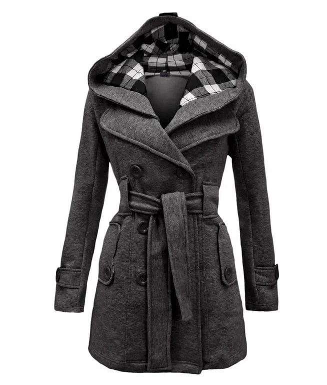 Autumn Winter Woollen Long Sleeve Double Breasted Long Coat Women Plaid Hooded Jacket Fashion Slim Overcoat E8753