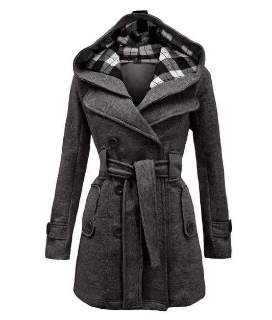 Autumn Winter Woollen Long Sleeve Double Breasted Long Coat Women Plaid Hooded Jacket Fashion Slim Overcoat E8753
