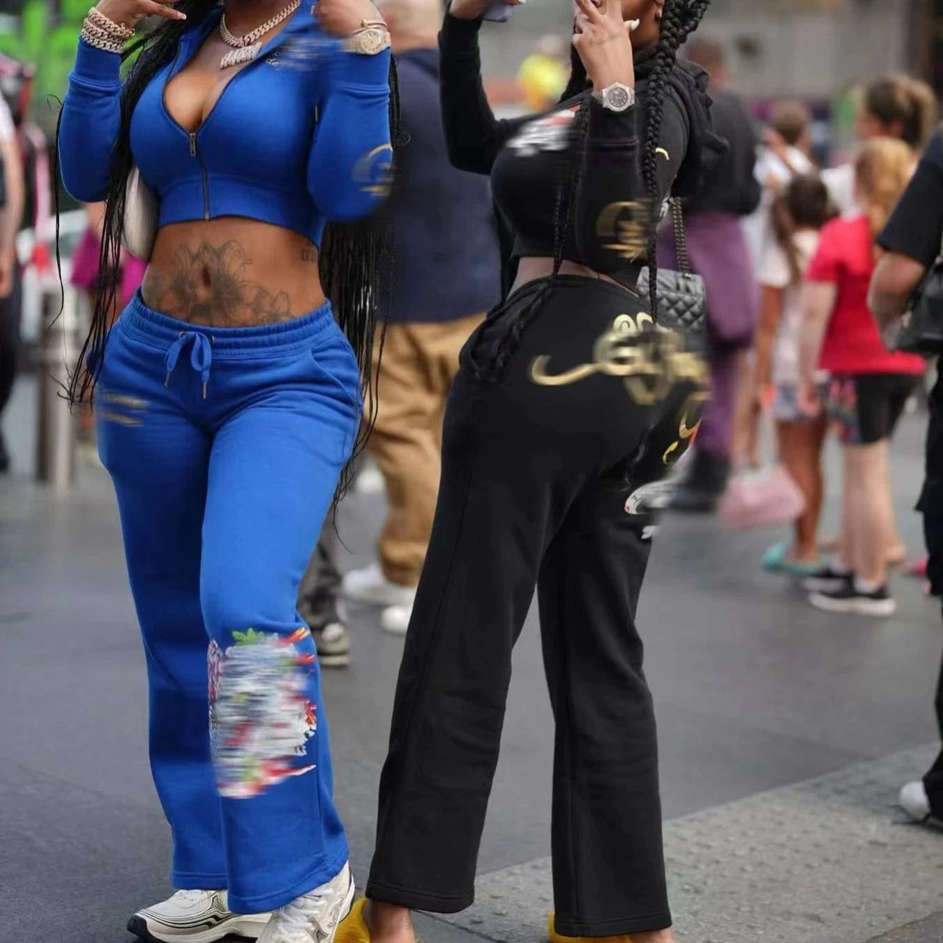 Autumn Women New Print Design Long Sleeve Hoodie Zipper Crop Top And Loose Long Pants Lady Streetwear Set