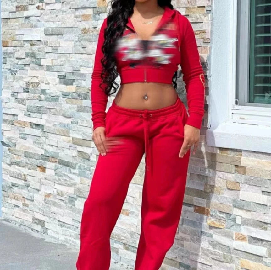 Autumn Women New Print Design Long Sleeve Hoodie Zipper Crop Top And Loose Long Pants Lady Streetwear Set