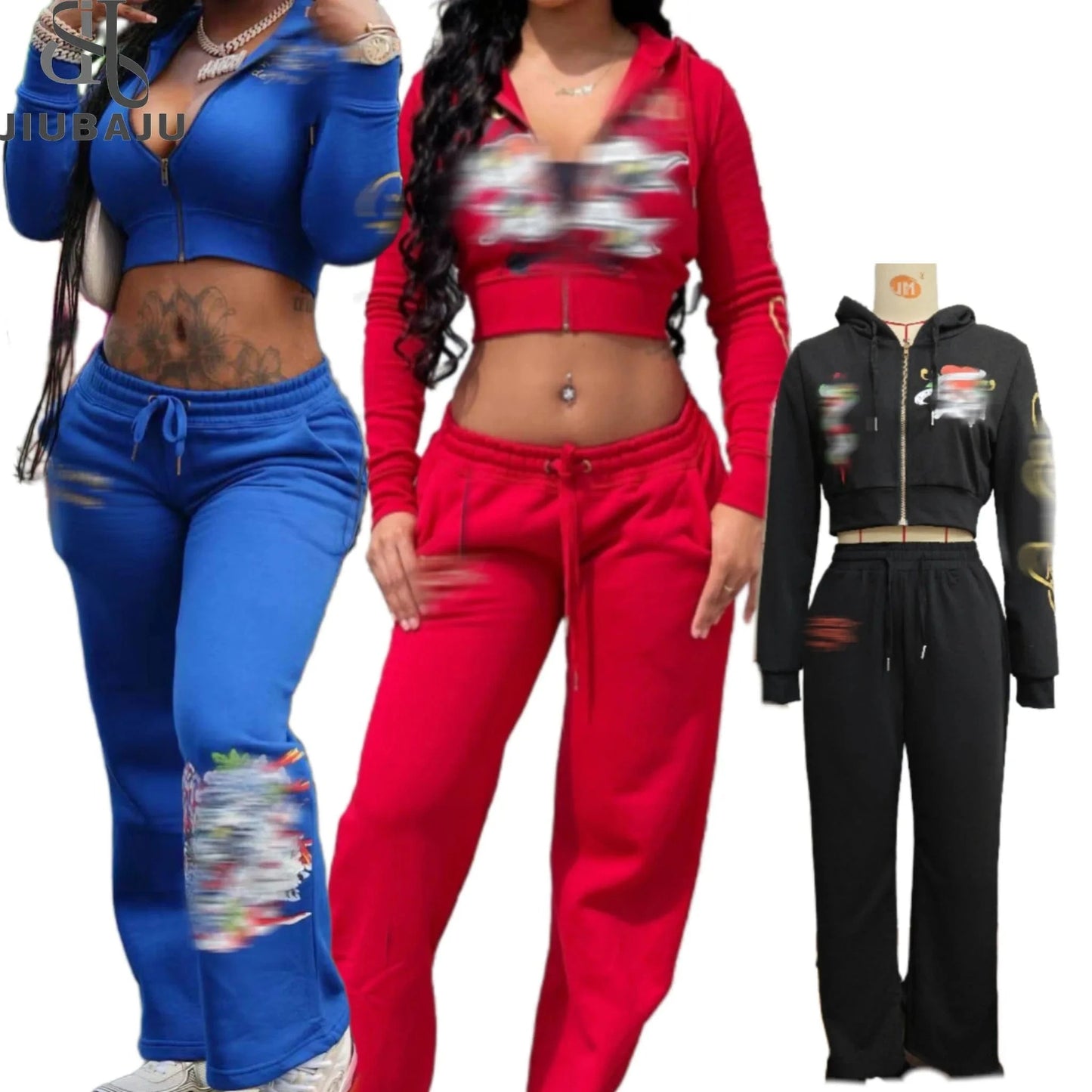 Autumn Women New Print Design Long Sleeve Hoodie Zipper Crop Top And Loose Long Pants Lady Streetwear Set